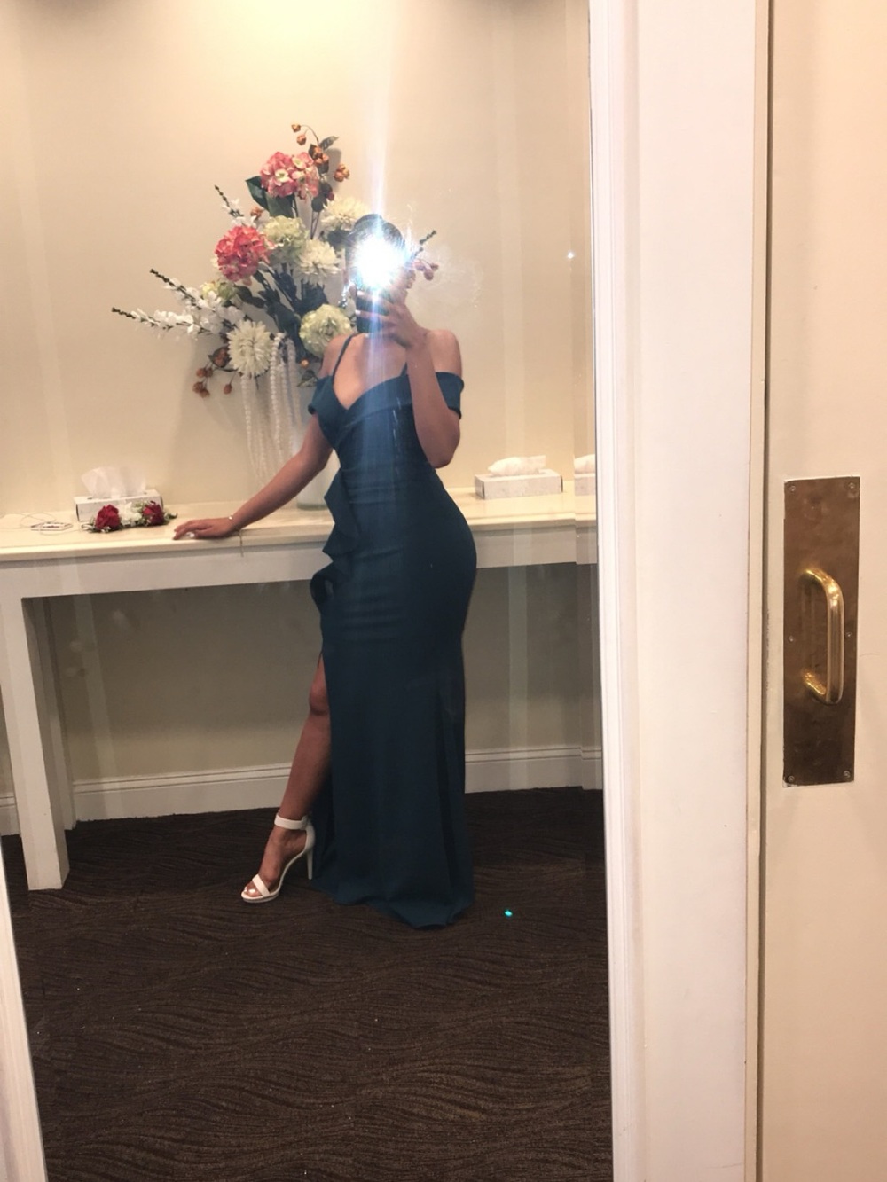Strapless Teal Evening Gown with Side Slit